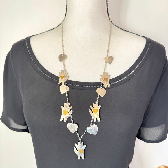 Vintage Silver Tone Cats Hearts Charm Necklace Brass Hearts Lightweight Artisan - Picture 3 of 15